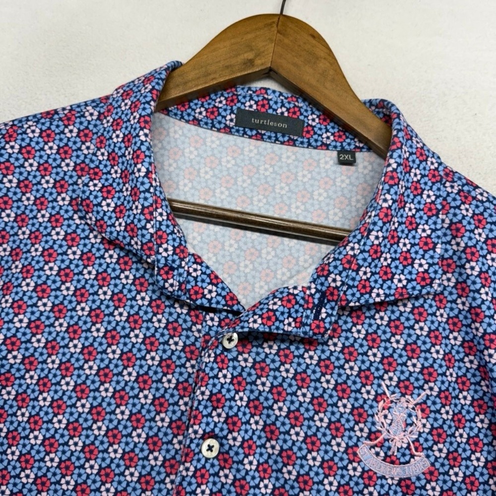Turtleson Polo Shirt Mens 2XL Blue Pink Floral St Andrews Links Golf Performance